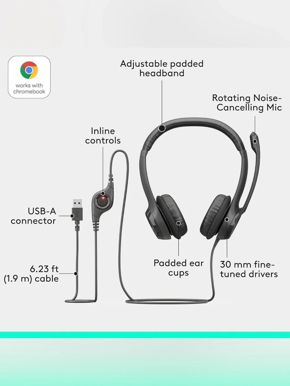 Logitech H390 Wired Headset for PC Laptop,Stereo Headphones With NoiseCancelling
